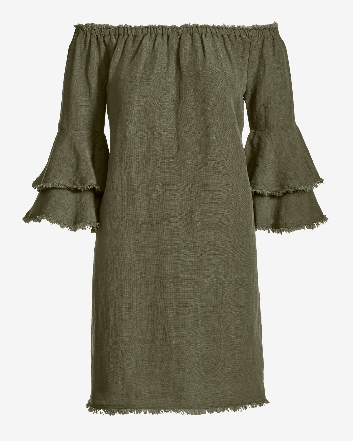 Linen Off The Shoulder Tiered Sleeve Shift Dress Olive Night
