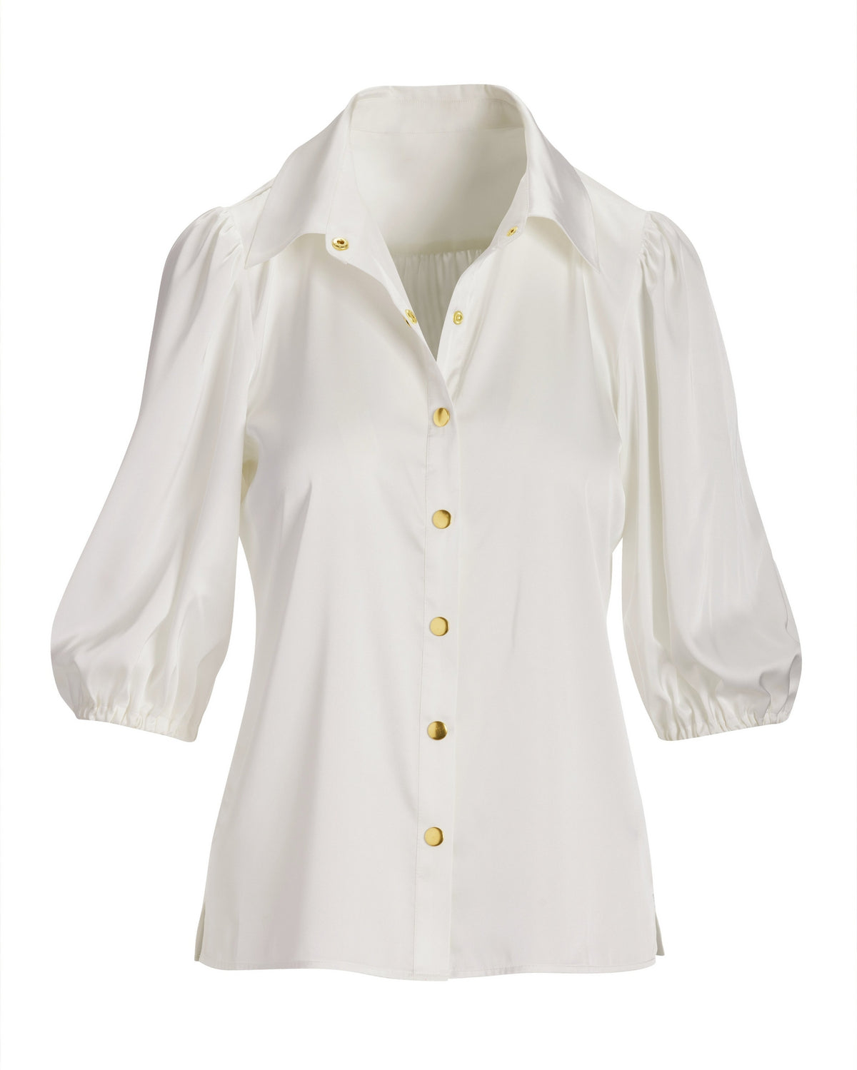 Gathered Sleeve Charmeuse Button Up Shirt Off White
