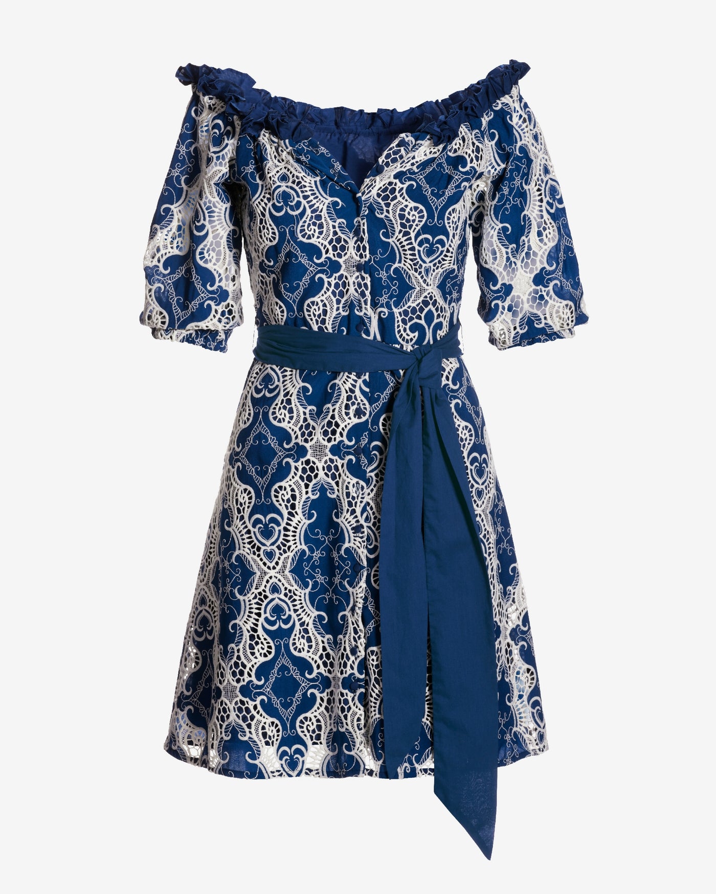 Two Tone Eyelet A Line Dress Navy/White