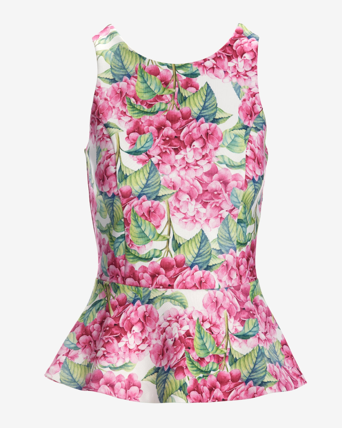Hydrangea Fleurs Scuba Peplum High Neck Top Pink