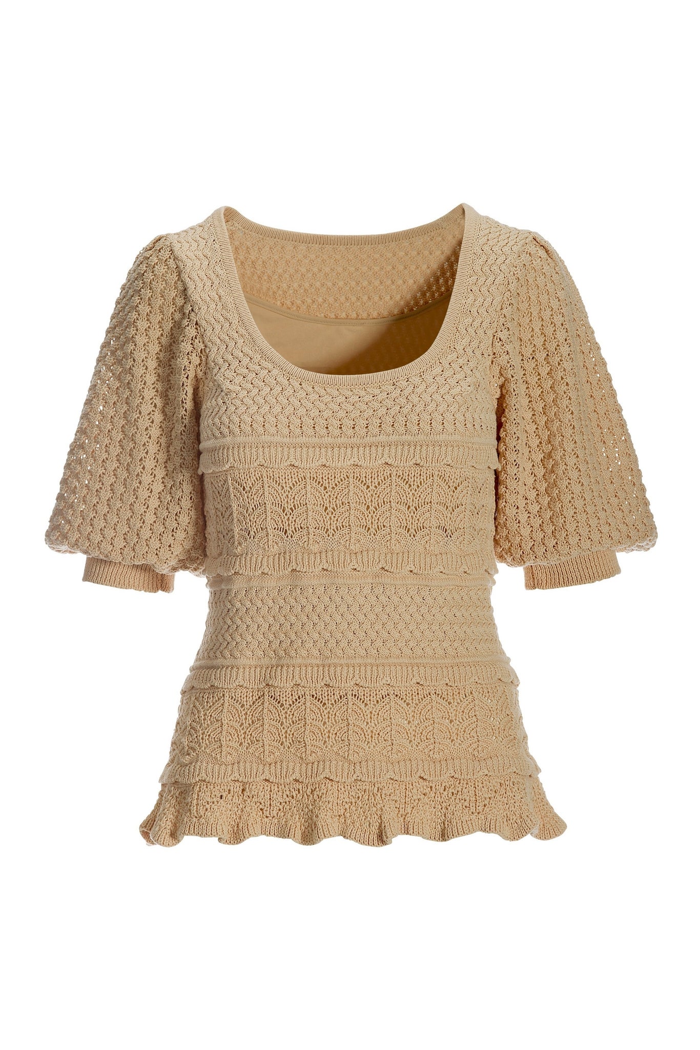 Crochet Detail Puff Sleeve Sweater Ecru