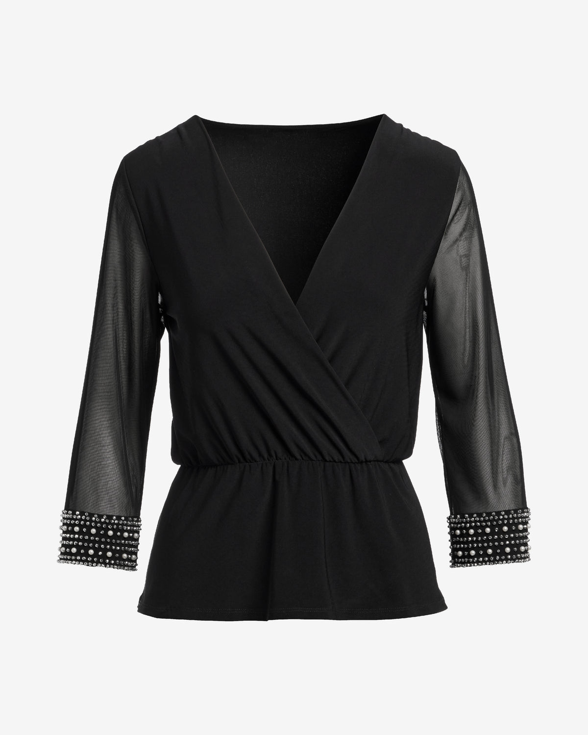 Pearl and Rhinestone Embellished Sleeve Surplice Knit Black