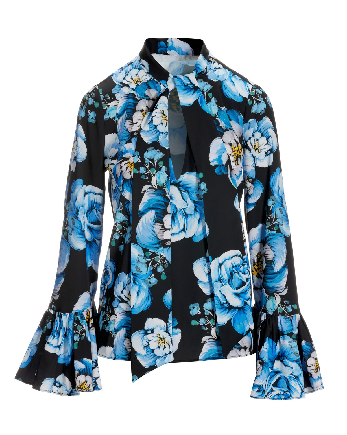 Winter Floral Print Keyhole Tie Neck Ruffle Sleeve Blouse Blue