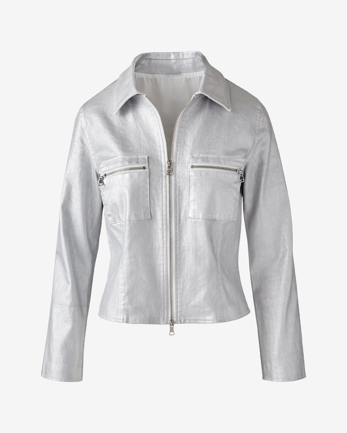 Cropped Zip Front Coated Denim Jacket Silver Metallic