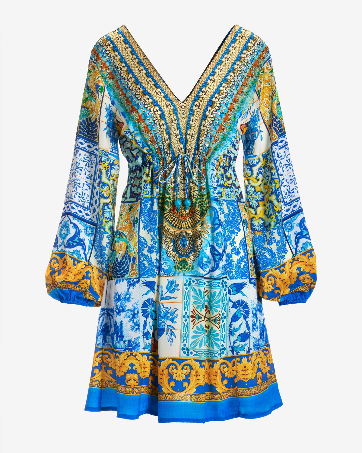 Embellished Tile Print Tassel Long Sleeve A Line Dress Blue Multi