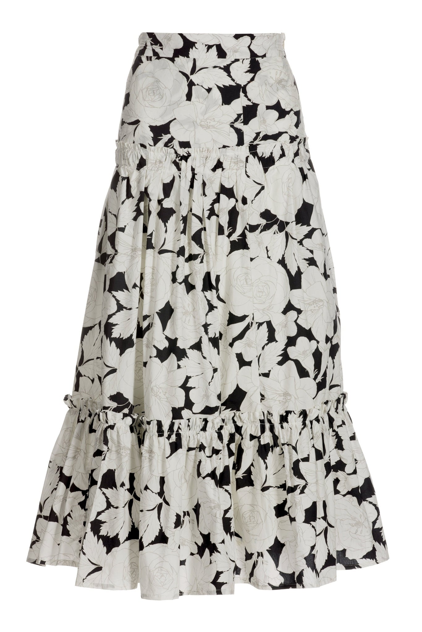 Black and White Floral Print Midi Skirt Black/White