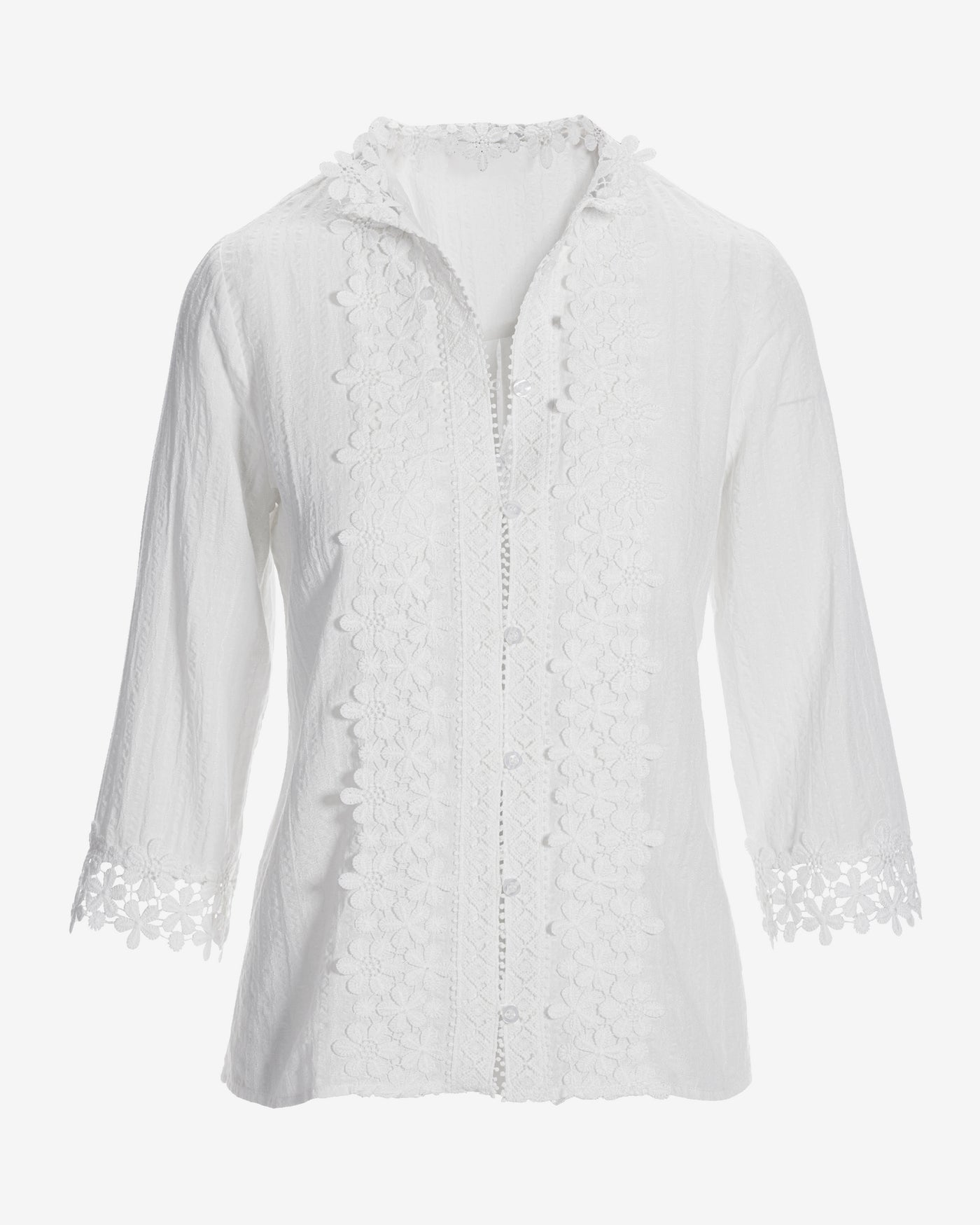 Floral Lace Button Up Cotton Shirt Off White