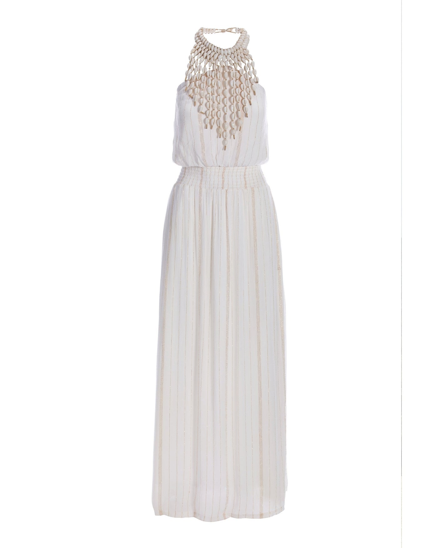 Shell Necklace Shimmer Smocked Waist Dress White Multi