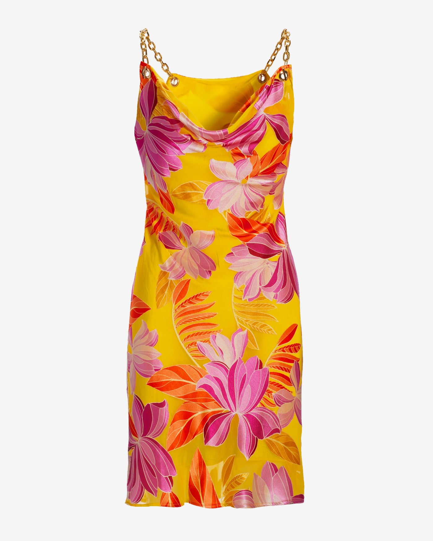 La Sirena Floral Burnout Chain Strap Cowl-Neck Shift Dress Yellow/Purple