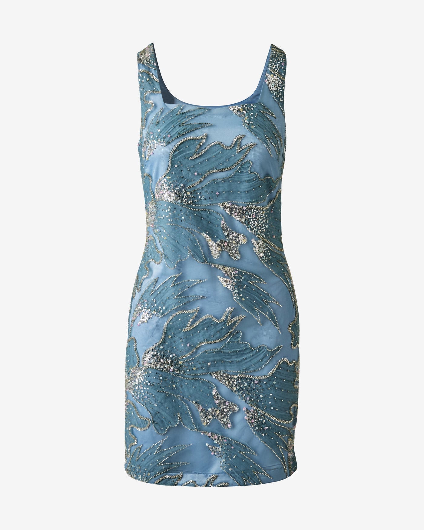 All Over Beaded Square Neck Sheath Dress Blue