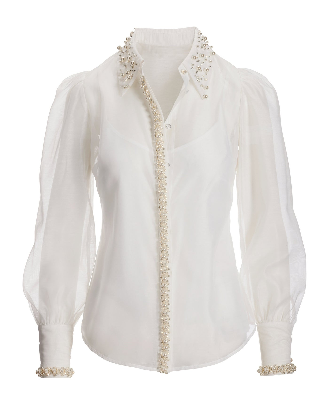 Pearl Embellished Organza Victoria Drama Sleeve Shirt White