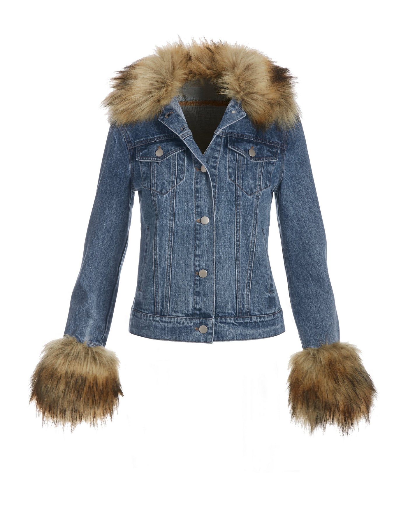 Removable Faux Fur Trim Denim Jacket Medium Wash