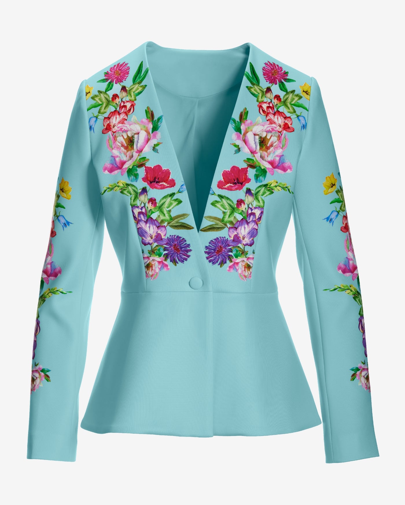 Garden Row Placed Print Peplum Scuba Blazer Blue Tint multi
