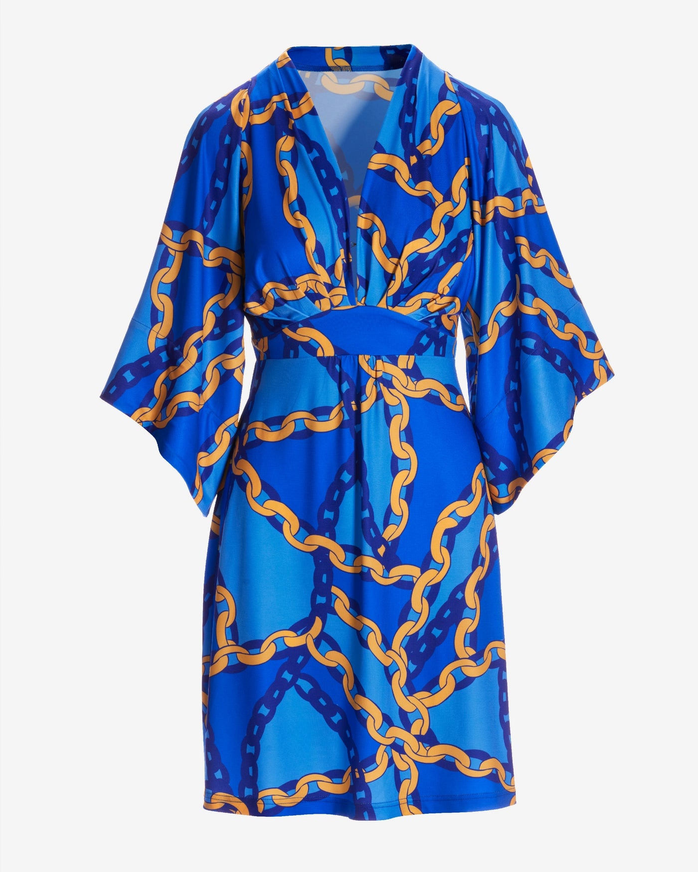La Isla Chains Print Flare Sleeve A Line Knit Dress Blue/Yellow