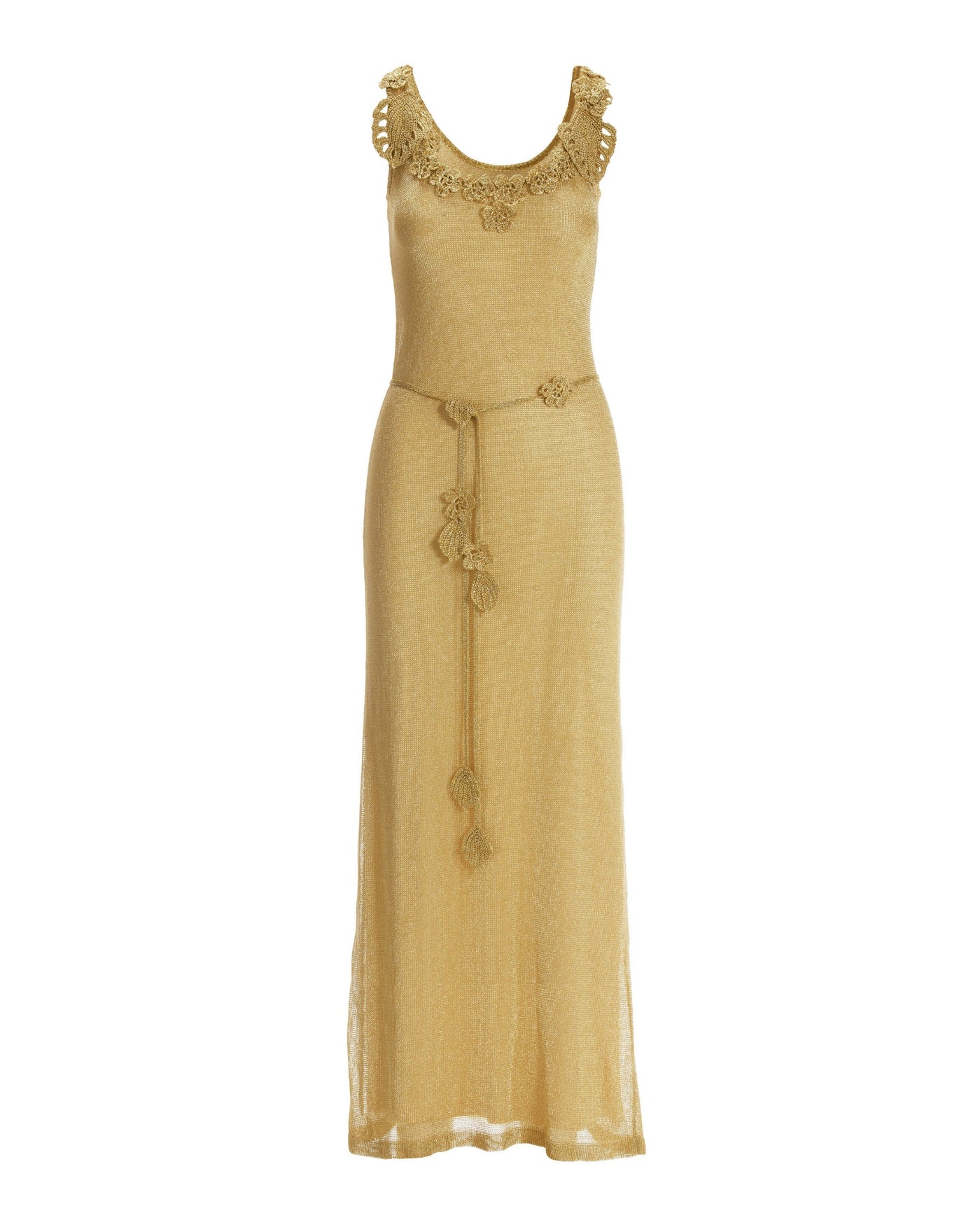 Floral Applique Metallic Crochet Maxi Dress Gold
