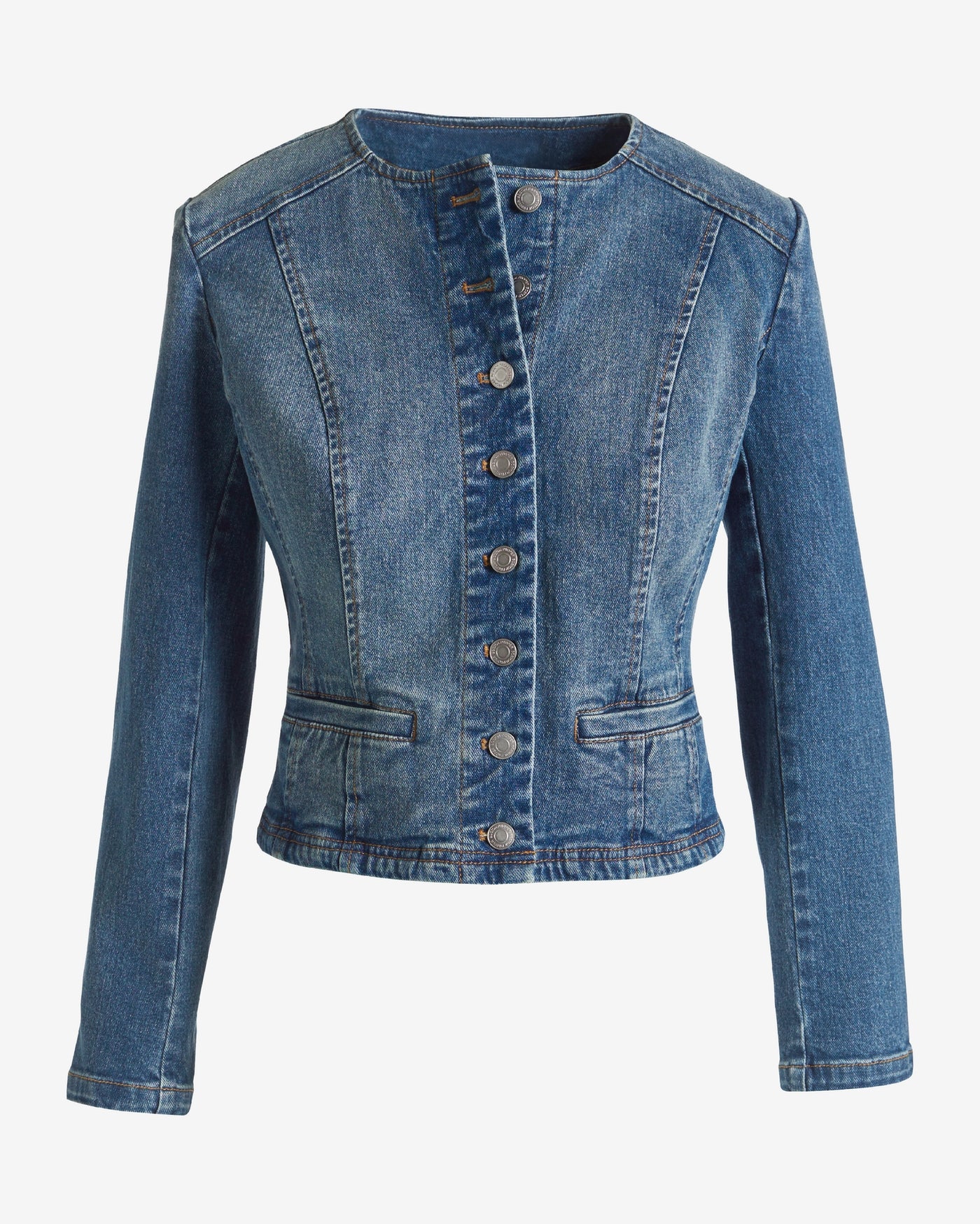 Jewel Neck Denim Jacket Medium Wash Denim