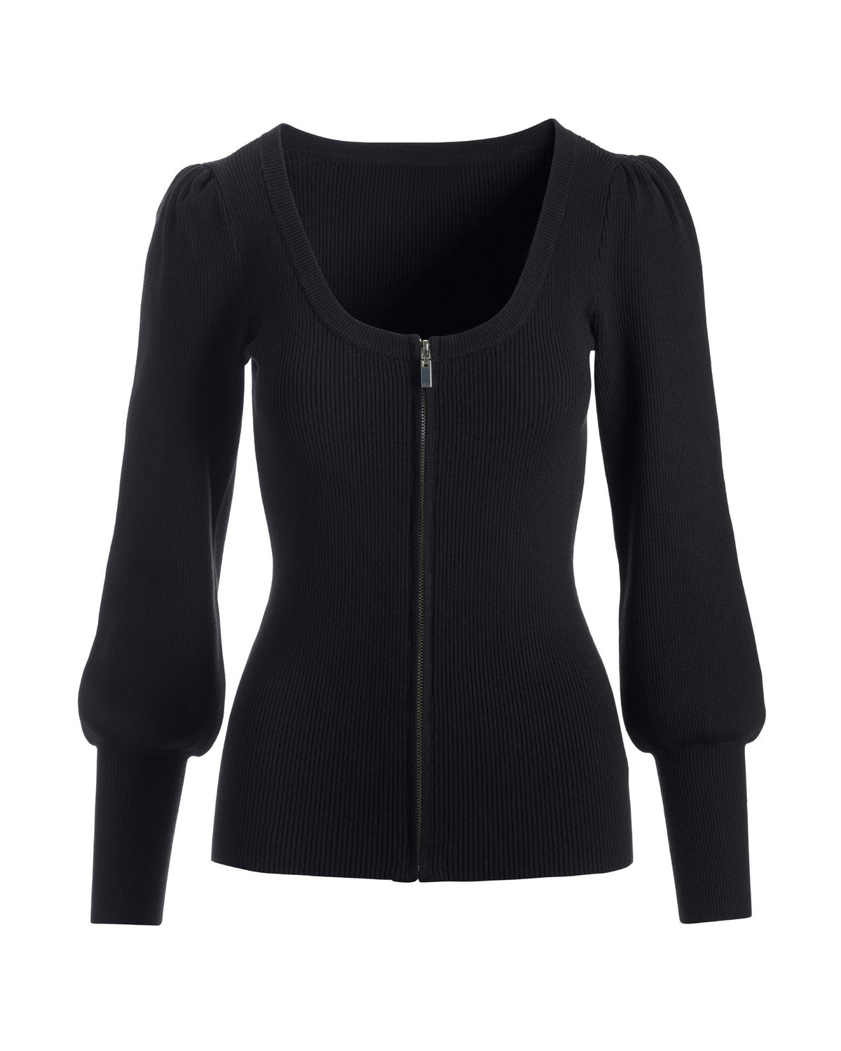 Ribbed Scoop-Neck Zip-Up Cardigan Black