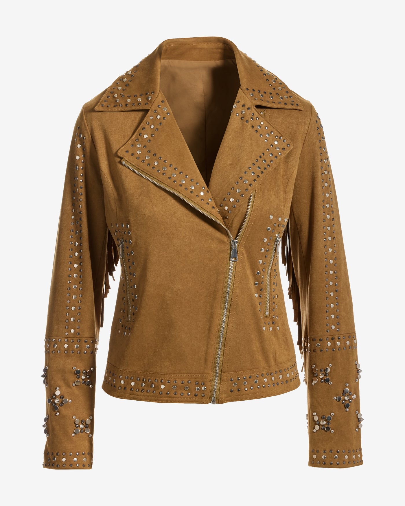 Studded Faux Suede Fringe Moto Jacket Camel