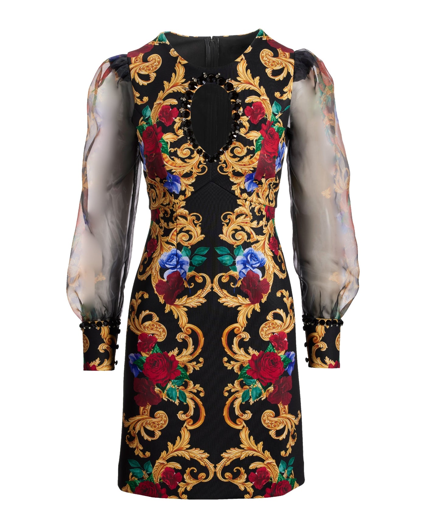 Holiday Status Print Embellished Keyhole A Line Scuba Dress Black/Multi
