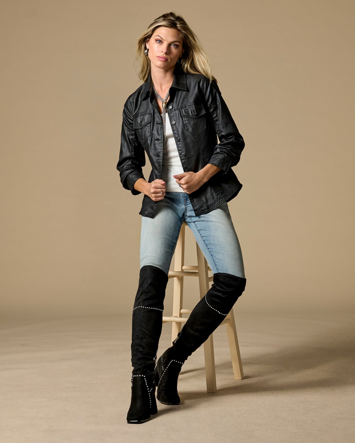 Over The Knee Studded Square Toe Boot Black