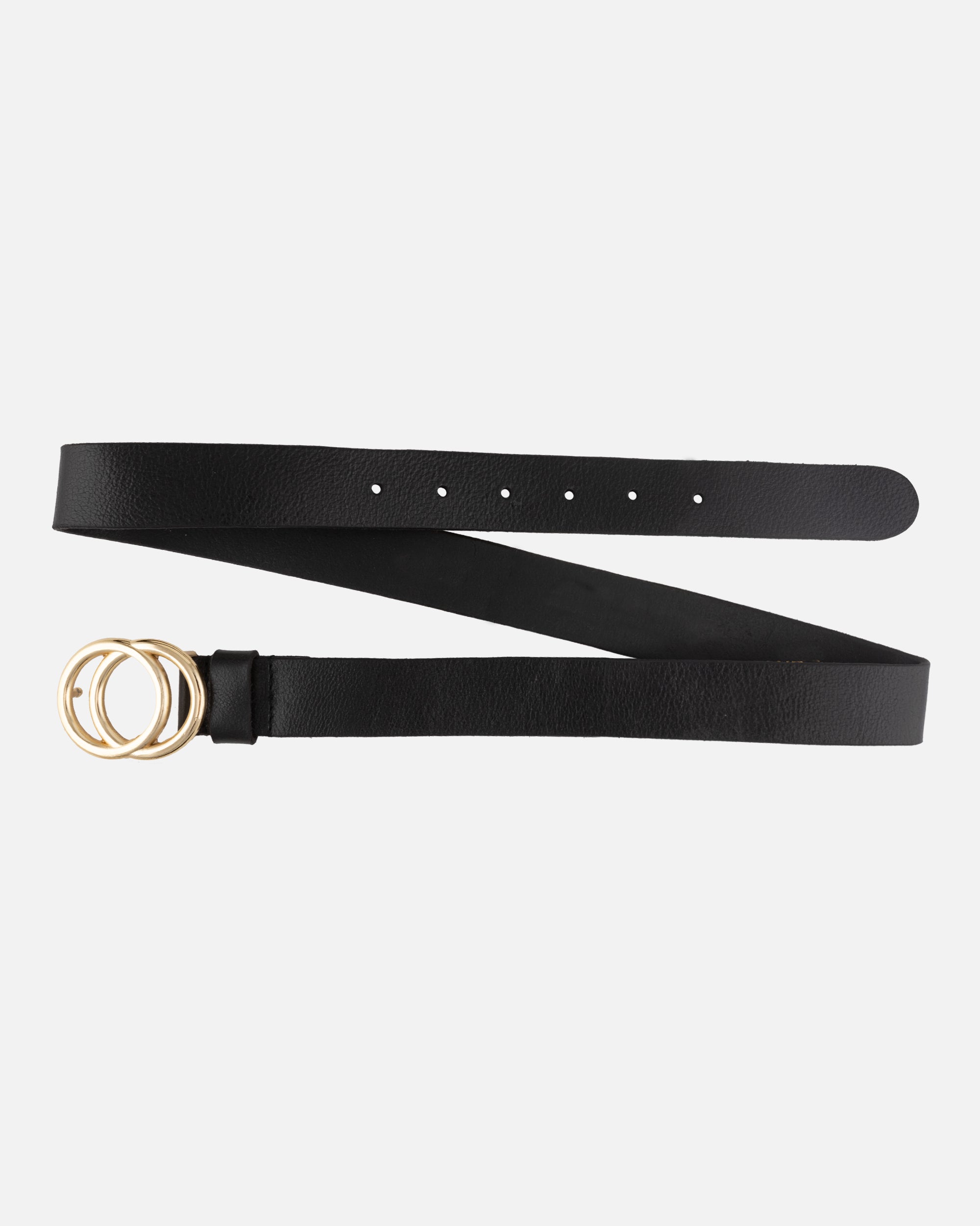Black Leather Belt with Gold Double-Ring Buckle CurveWow Leather Double Ring Loop Belt Black – Curvewow main image 2