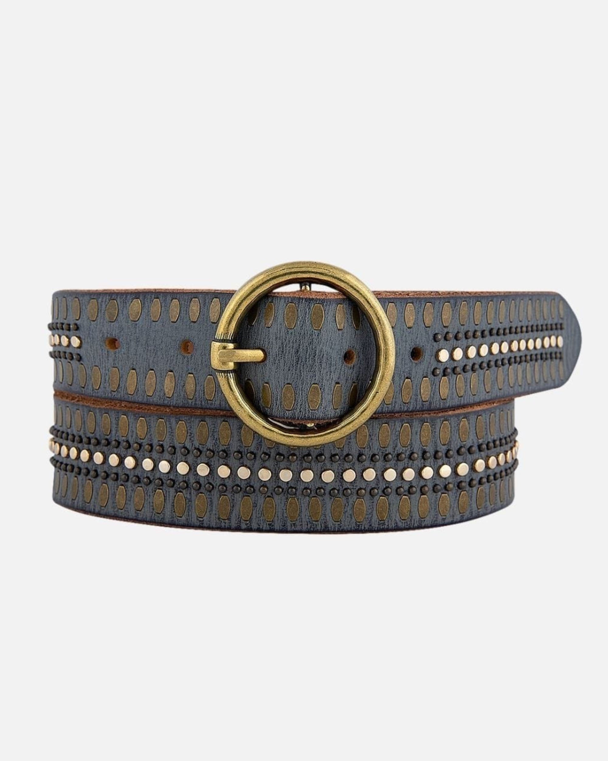 Soraya | Studded Leather Belt with Gold Round Buckle | Boston Proper