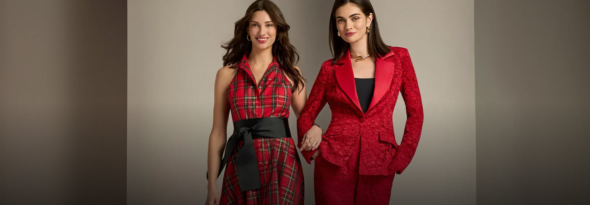 models wear red and black holiday dress and matching suit set