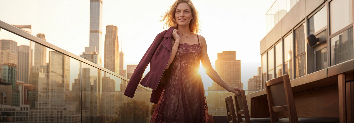 models wearing burgundy lace dress