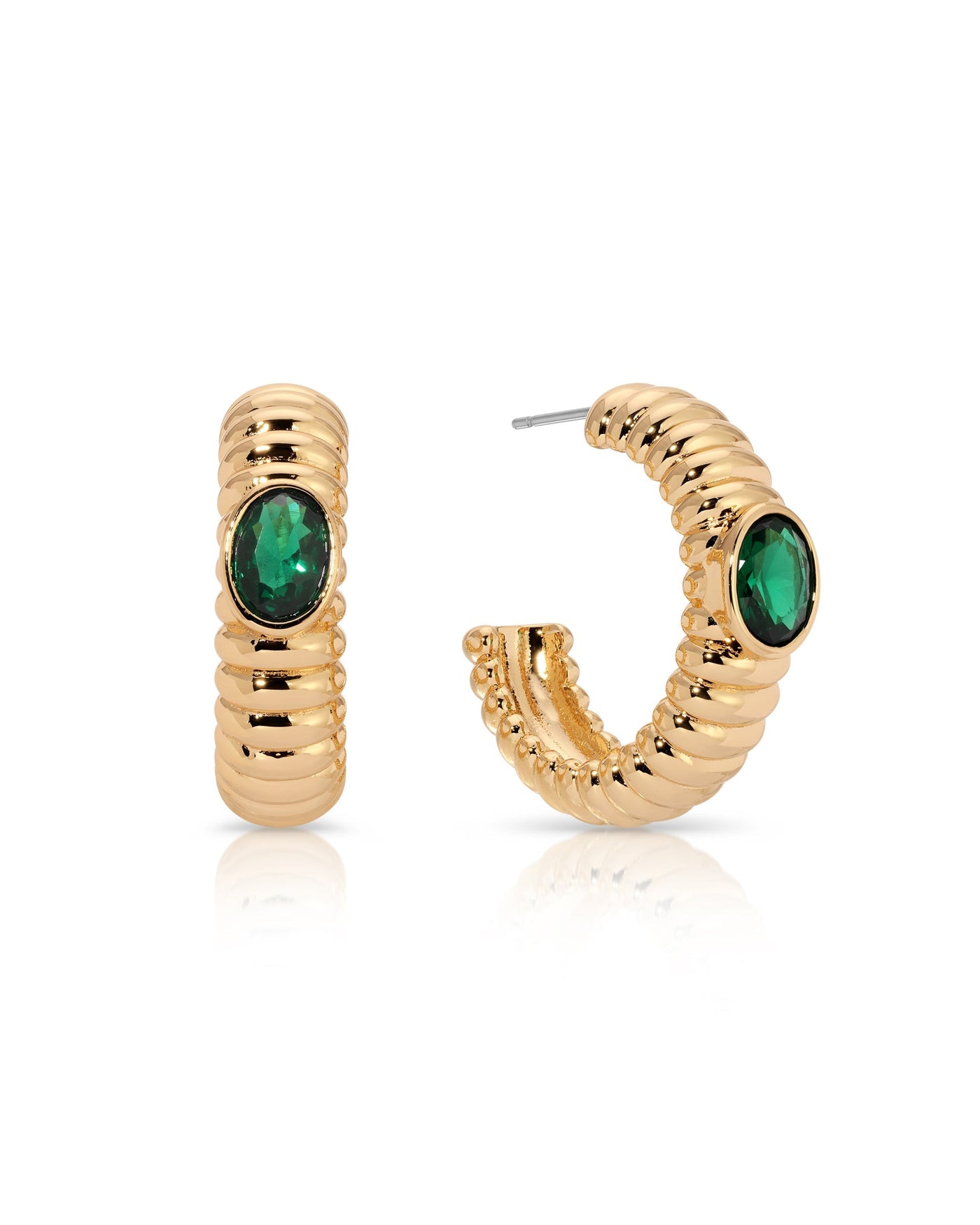 Ribbed Emerald Large Hoops