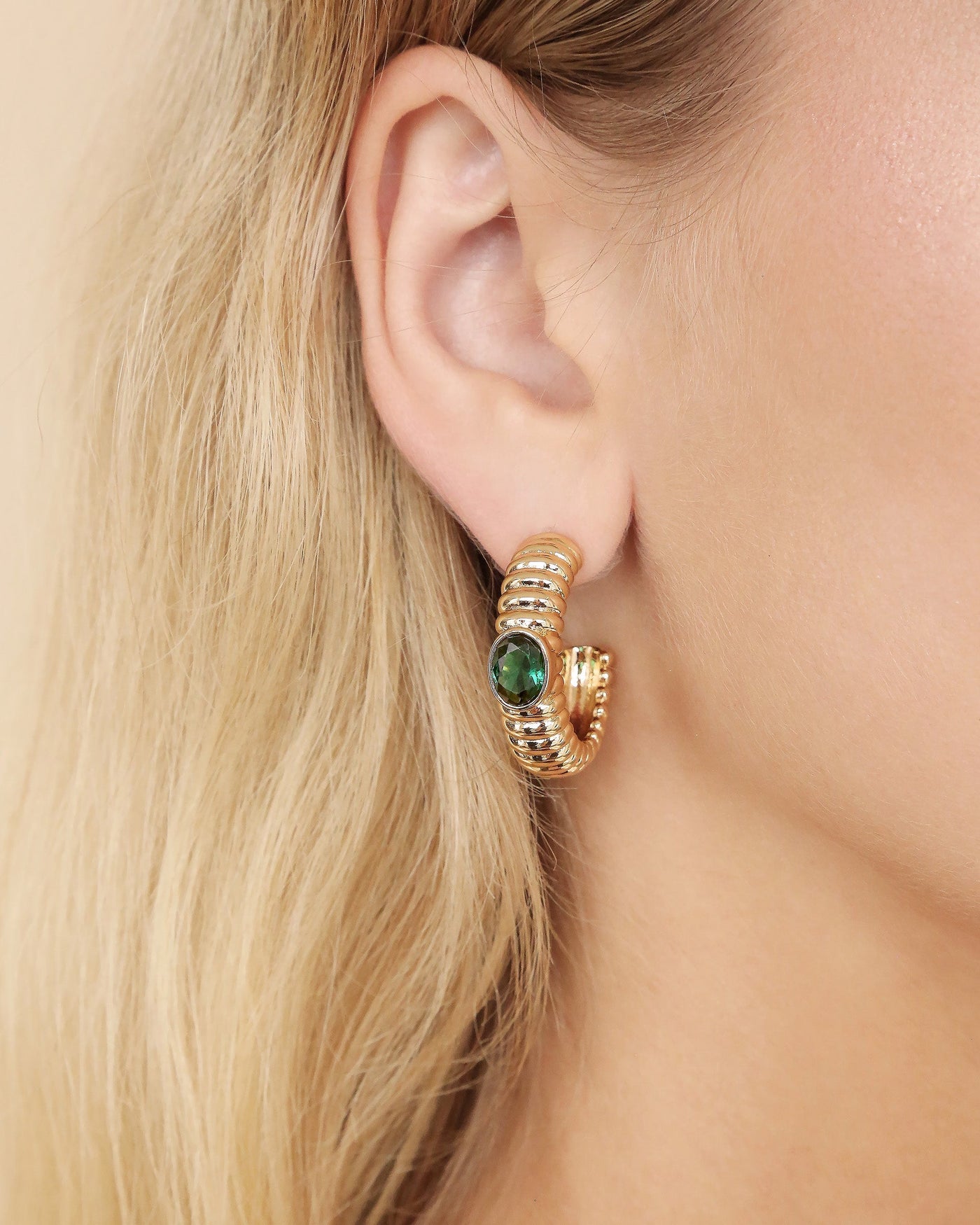 Ribbed Emerald Large Hoops