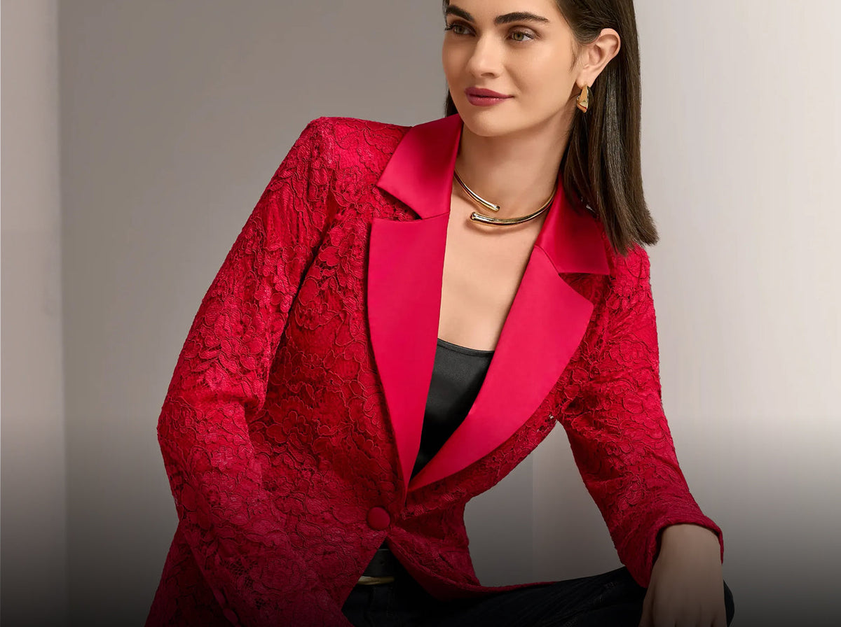 model wears red lace blazer