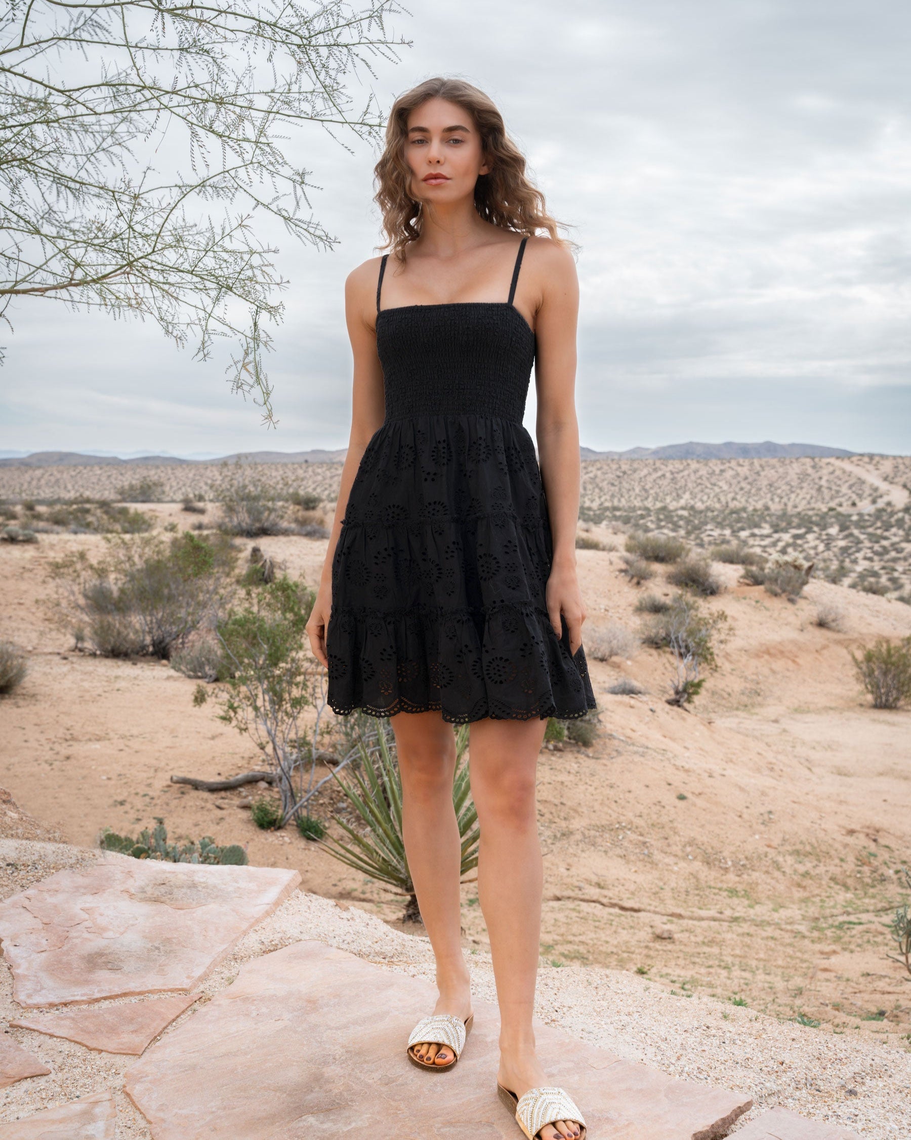black dress eyelet Yara Black Eyelet Mini Dress