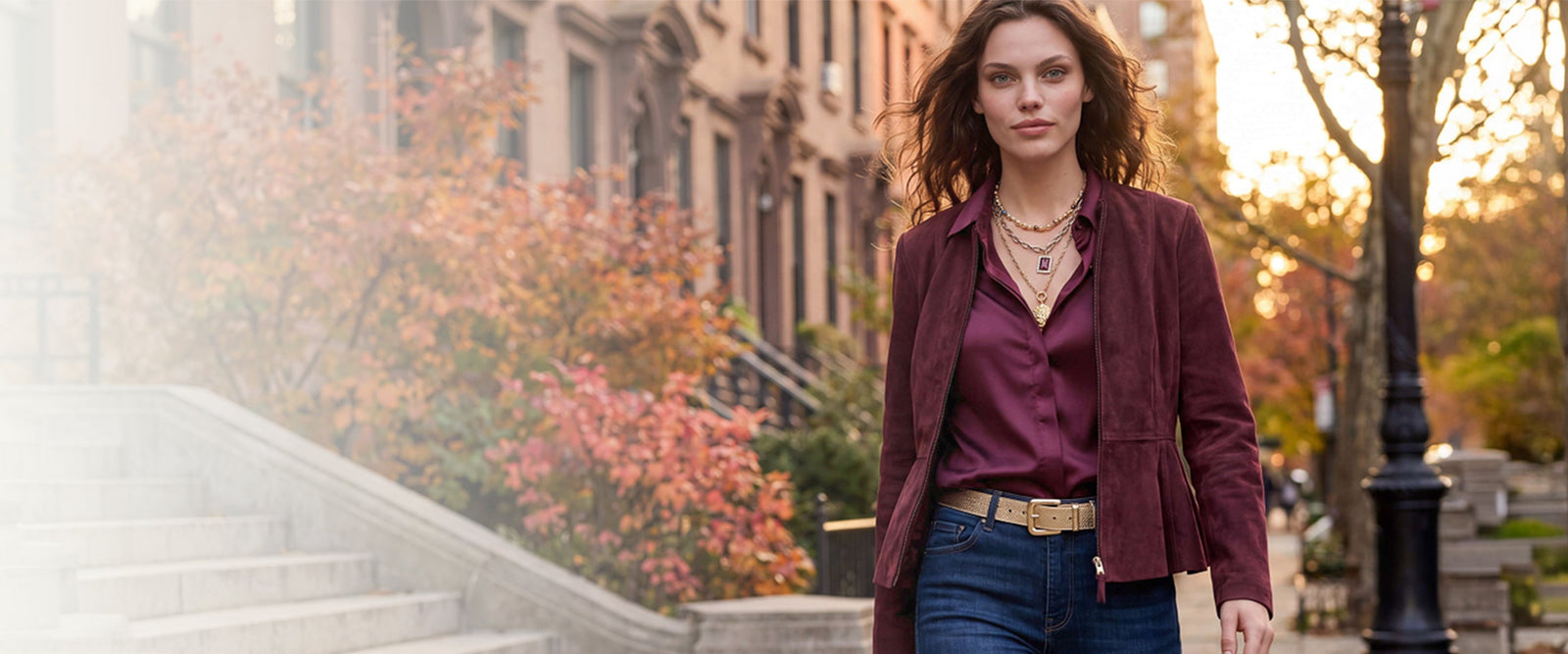 model wears burgundy suede jacket