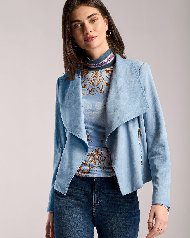 models wearing blue suede jacket