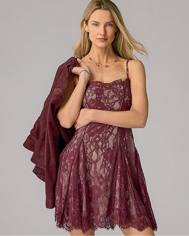 models wearing burgundy lace dress