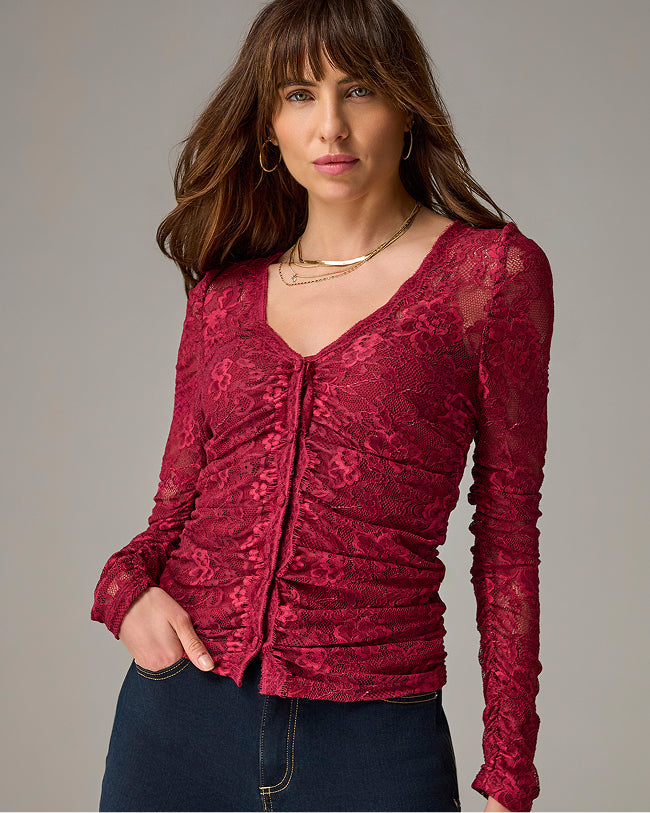 models wearing wine colored lace longsleeve