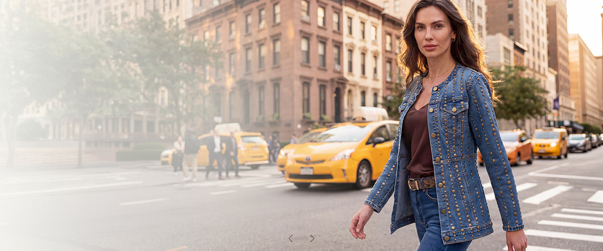 model wears embellished denim jacket
