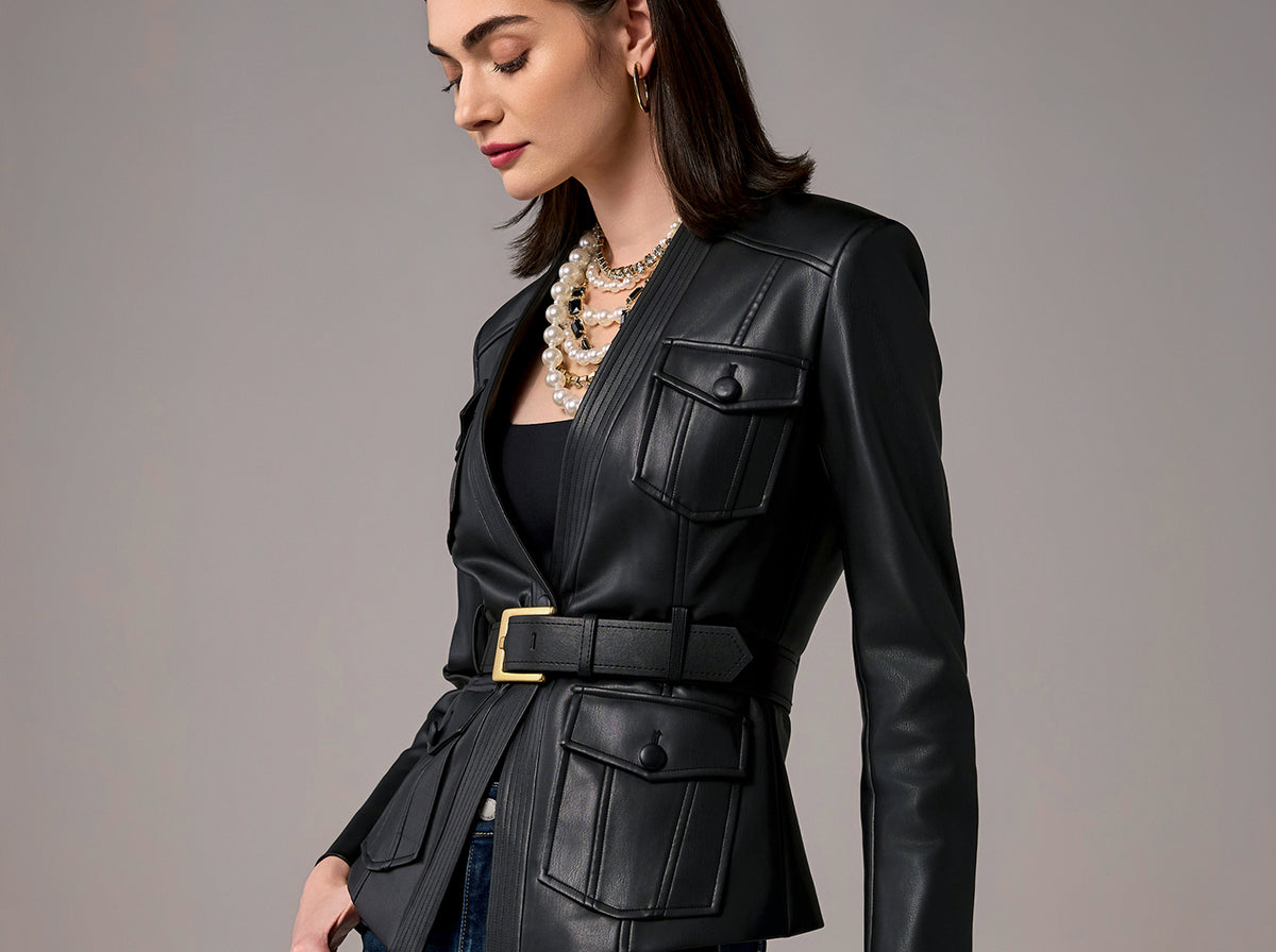model wears faux leather blazer
