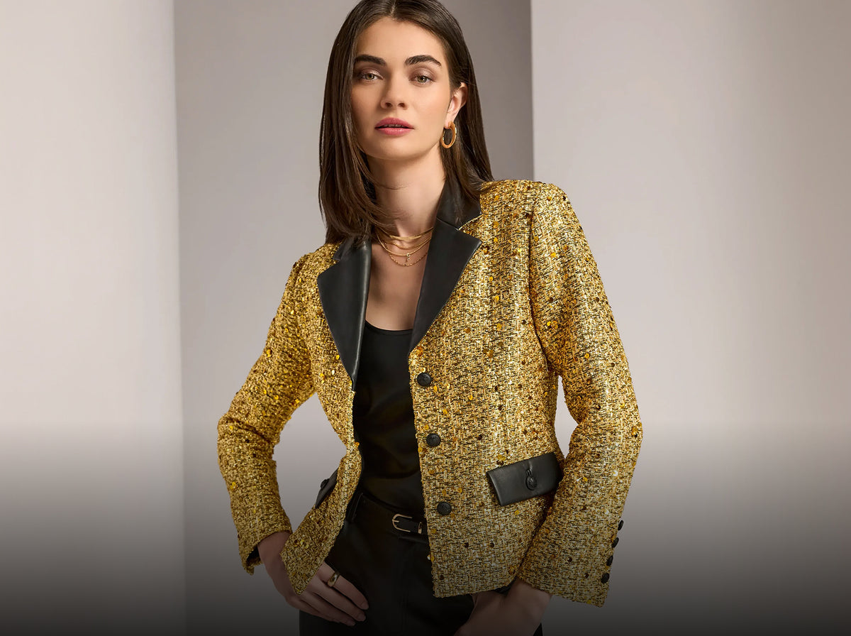 Models wearing a gold jacket.