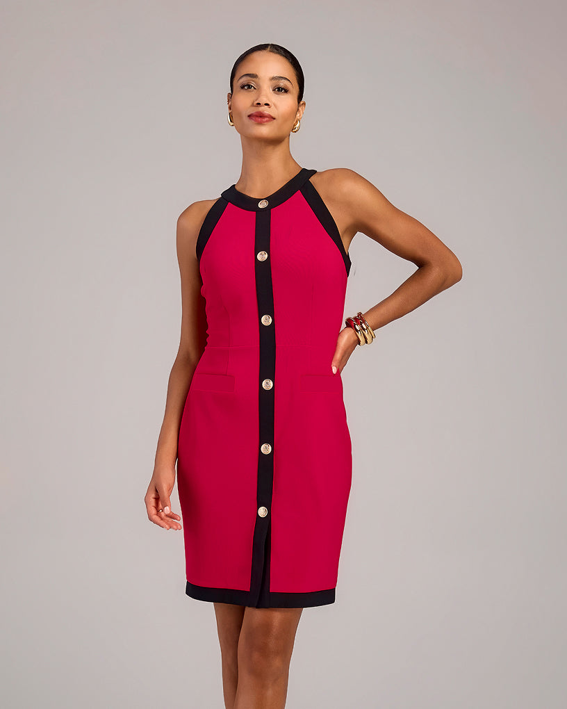 model wears black and red short dress