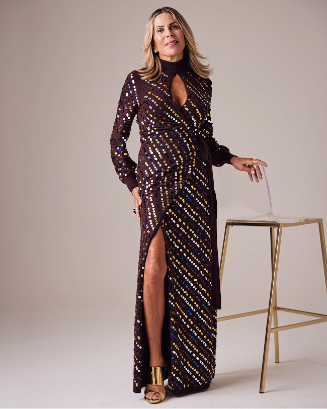 sheryl wears sequin brown maxi dress