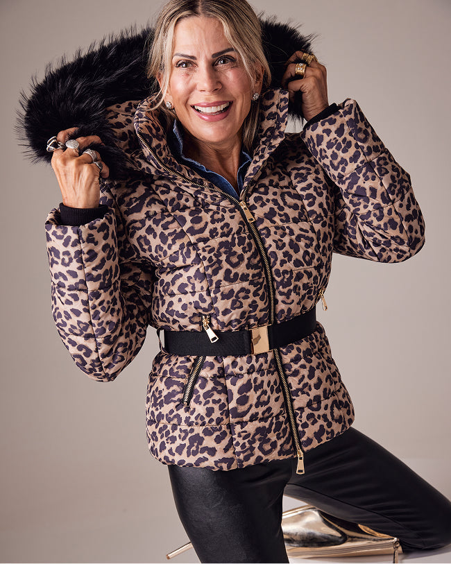 sheryl wears animal print puffer jacket