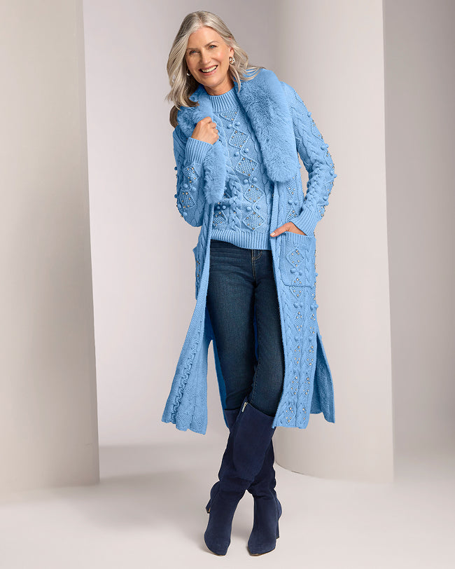 Faux Fur Embellished Cable Duster Airy Blue