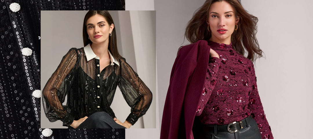 models wear embellished sequin tops