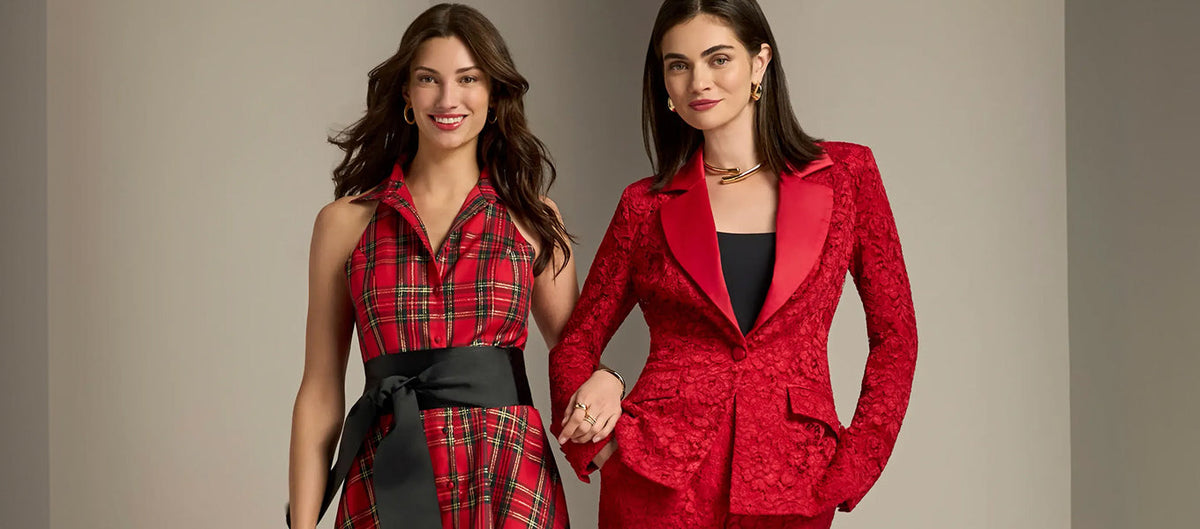 models wear new holiday dresses and suit sets