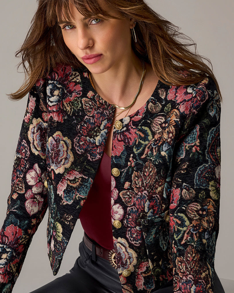 model wears floral lady jacket