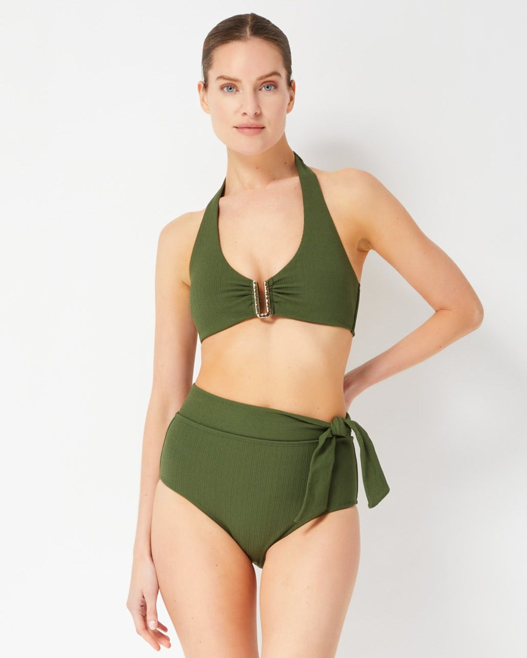 Side Tie High Waist Bottom Olive Texture