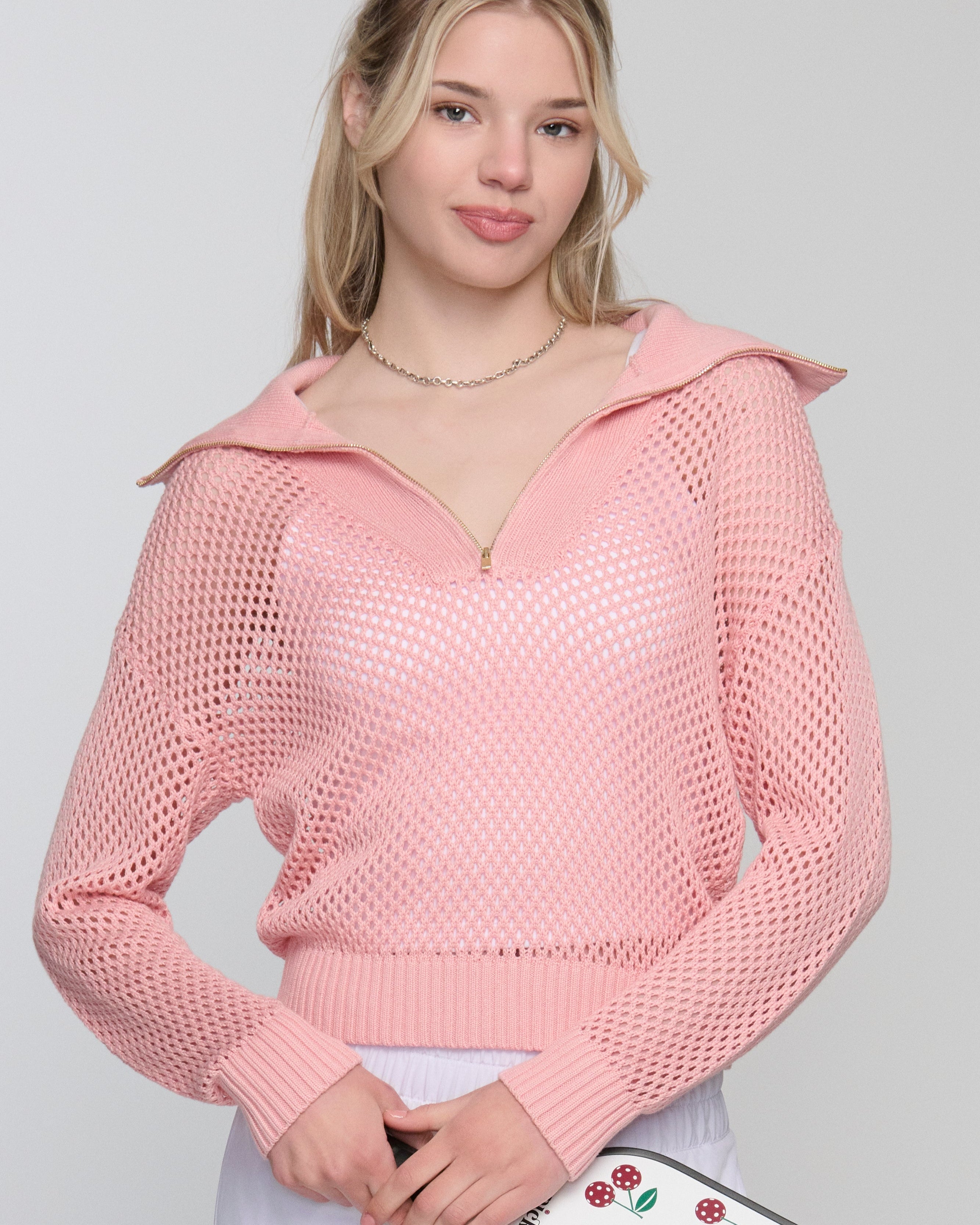 Tania Crochet Pickleball Sweater – Lightweight Half-Zip Knit