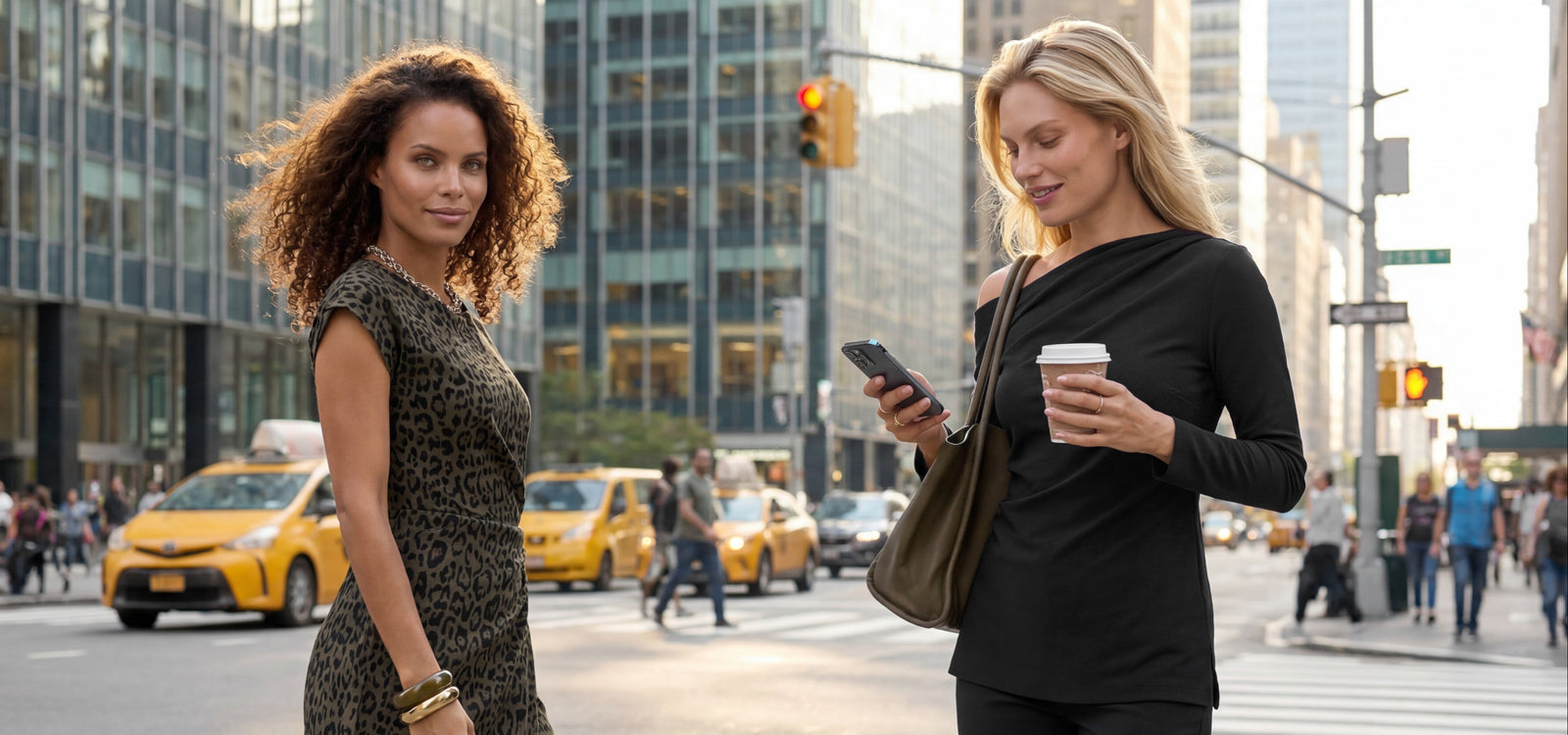 Two women standing at a city crosswalk with yellow cabs and skyscrapers in the background. The woman on the left wears a black leopard-print sleeveless dress, and the woman on the right wears a black long-sleeve top and pants while holding a phone and coffee cup.