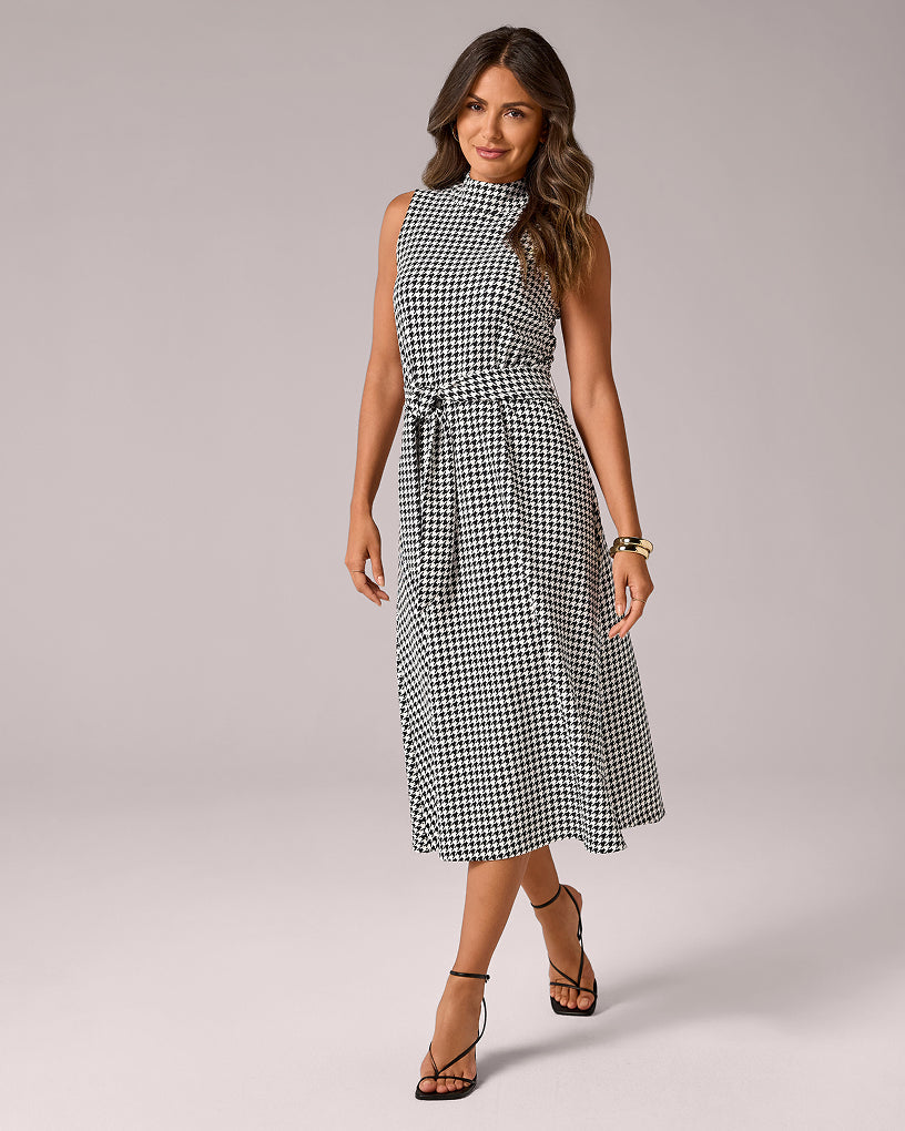 models wearing gingham tie waist dress